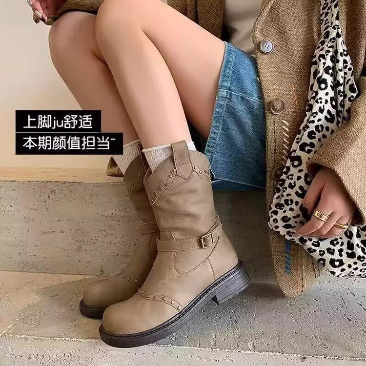 Retro belt buckle flat bottom rivet western boots knight boots short boots women's 2025 summer new British Martin boots single boots