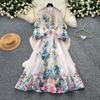 Vestido Longo Maxi Floral Retro de Manga Comprida com Gola Alta e Botões Únicos para Outono Verão
