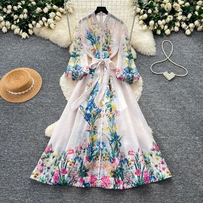 Summer Autumn Retro Floral Print Stand-Collar Single-Breasted Long-Sleeve Long Maxi Dress