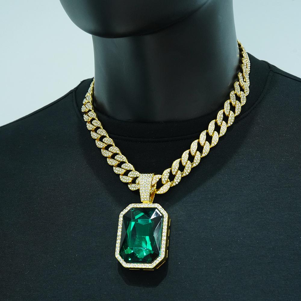 Collana Pendente Hip Hop da Uomo con Pietra Preziosa Colorata Quadrata e Catena Cubana Interamente Diamantata - Gioielli Unisex