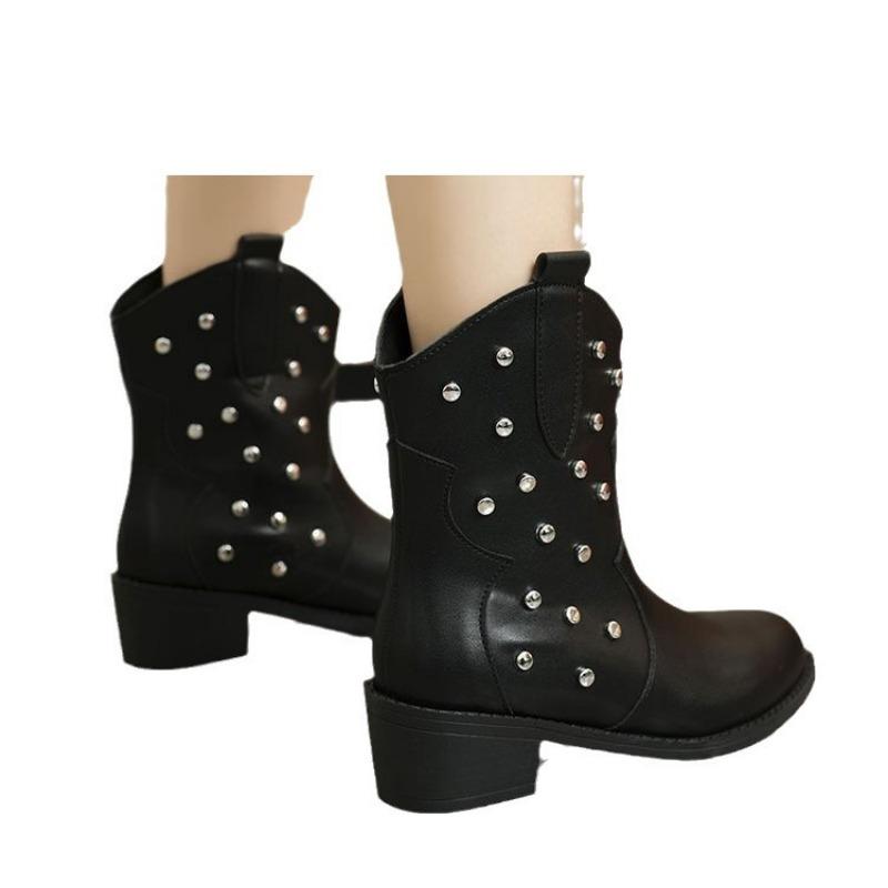 Large Size Winter Women's Boots New Rivets Decorative Trend Round Head Thick Heel Sleeve Martin Boots Women