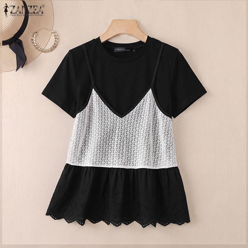 ZANZEA Women Casual Round Neck Splice Loose Short Sleeve Blouse