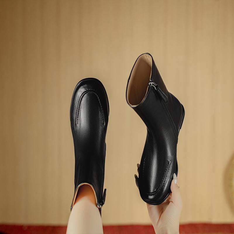Fashion 2025 New Autumn/Winter Split Leather Women Boots Round Toe Flat with Heel Mid-calf Boots Modern Motorcycle Boots Ladies Shoes