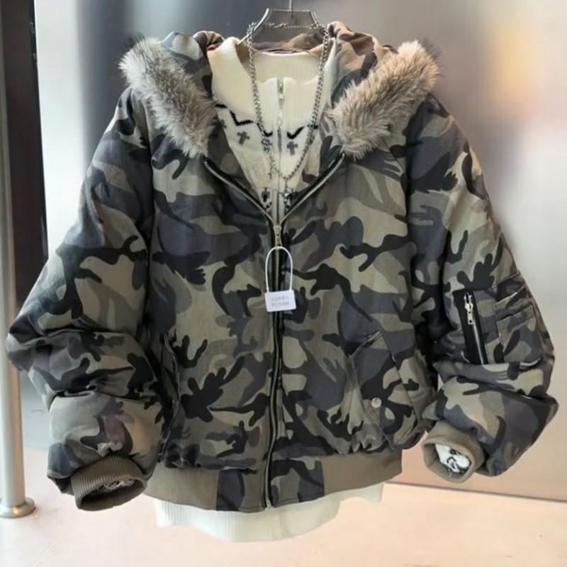 Mens Camo Puffer Jacket Winter Thick Hooded Bomber Streetwear Casual Warm Coat