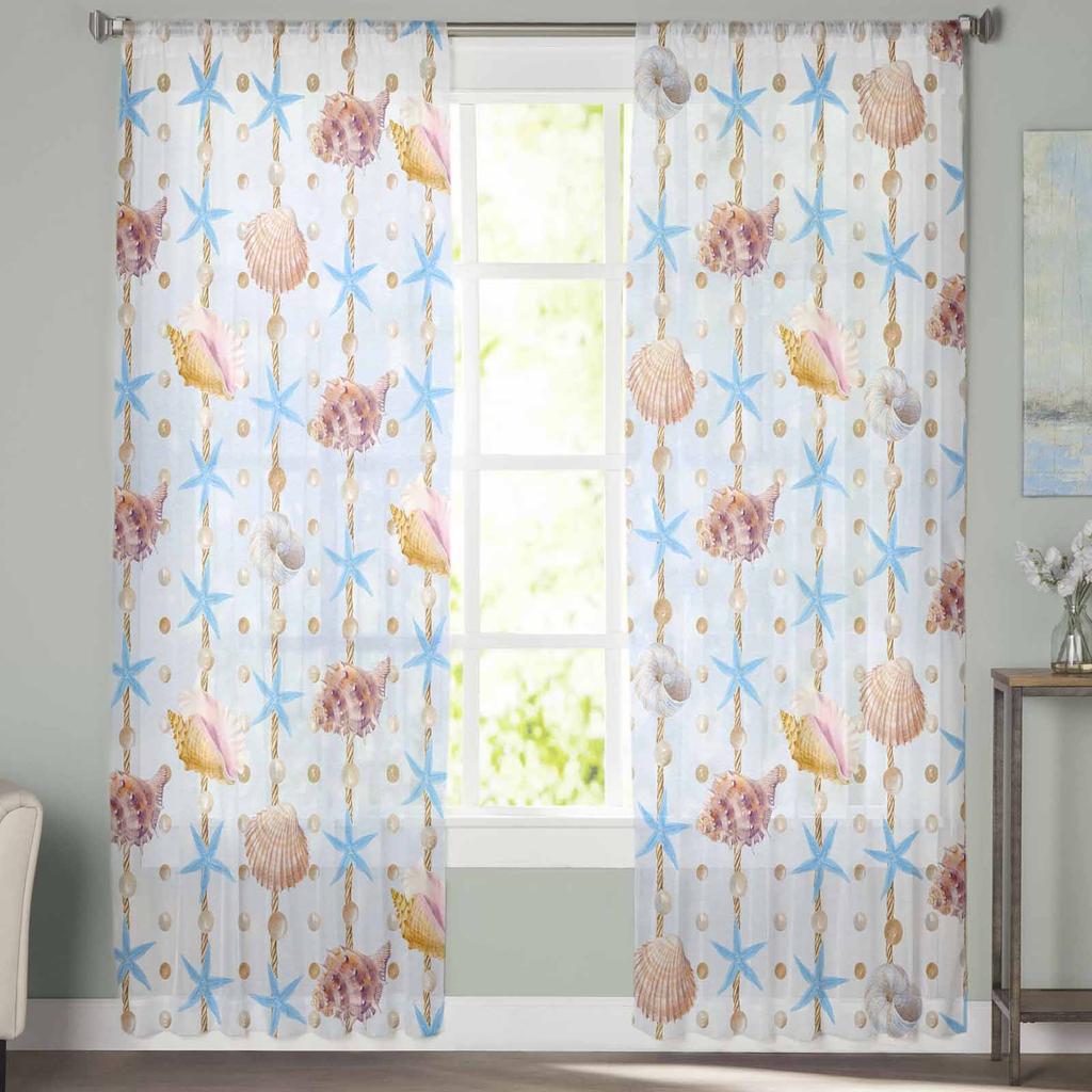 Aquarell Muschel Textur Perlen Tüll Fenstervorhänge für Schlafzimmer Luxus Heimdekor Vorhänge im Wohnzimmer Chiffon Paneele