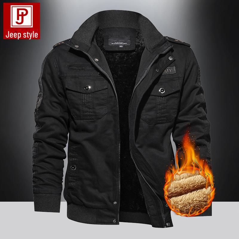 Men's Plus Velvet Thickened Cotton Jacket - Stand Collar, Washable, Large Sizes, for Autumn and Winter.