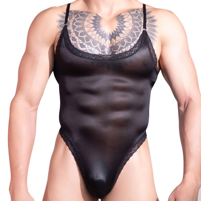 Men Sexy Bodysuit Open Crotch Tights Hip Lift Smooth Ultra-Thin Erotic Underwear Elastic Lace Crossdressing Sissy Lingerie