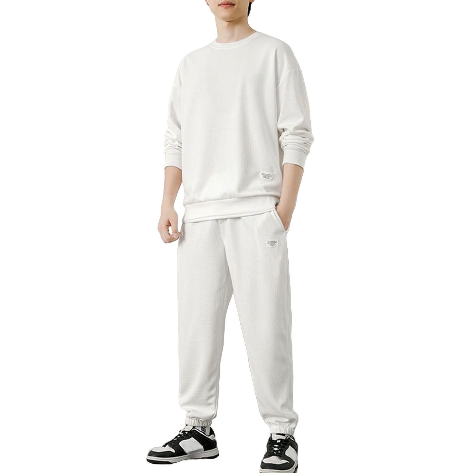 

Мужской однотонный повседневный модный комплект с длинным рукавом и круглым вырезом, топ и спортивные штаны XL белый