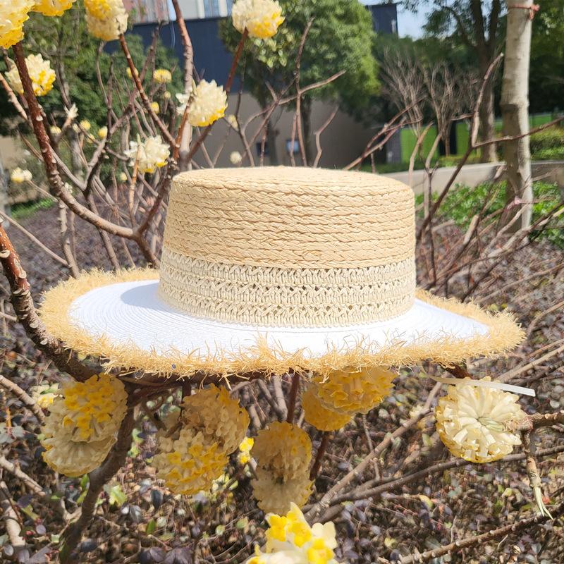 

Korean Version Of Japanese Raffia Splicing White Flat Top Top Top Hat Women S Summer Sunshade Sunscreen Vacation Beach Straw Hat Leisure M（56-58cm）
