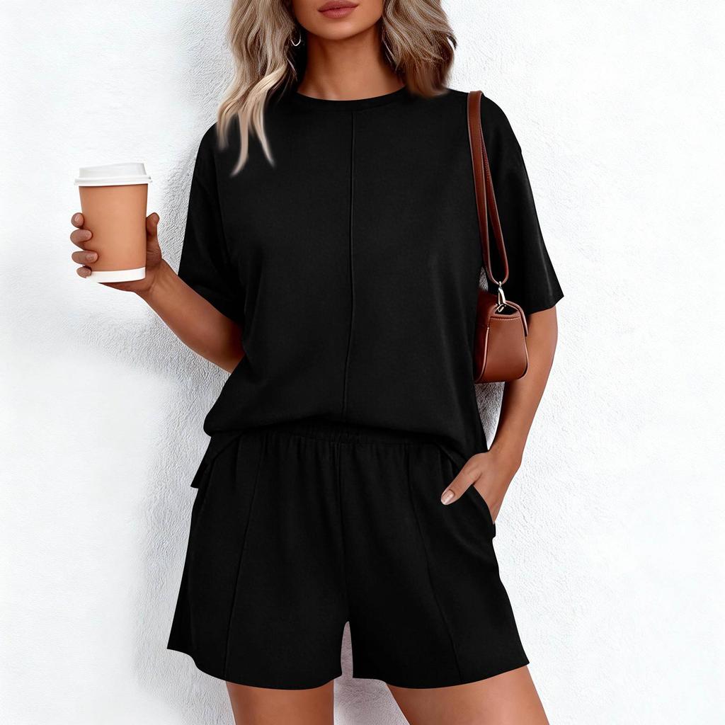 Women's 2-Piece Fashionable Casual Loose-Fit Short-Sleeve Top And Shorts Set