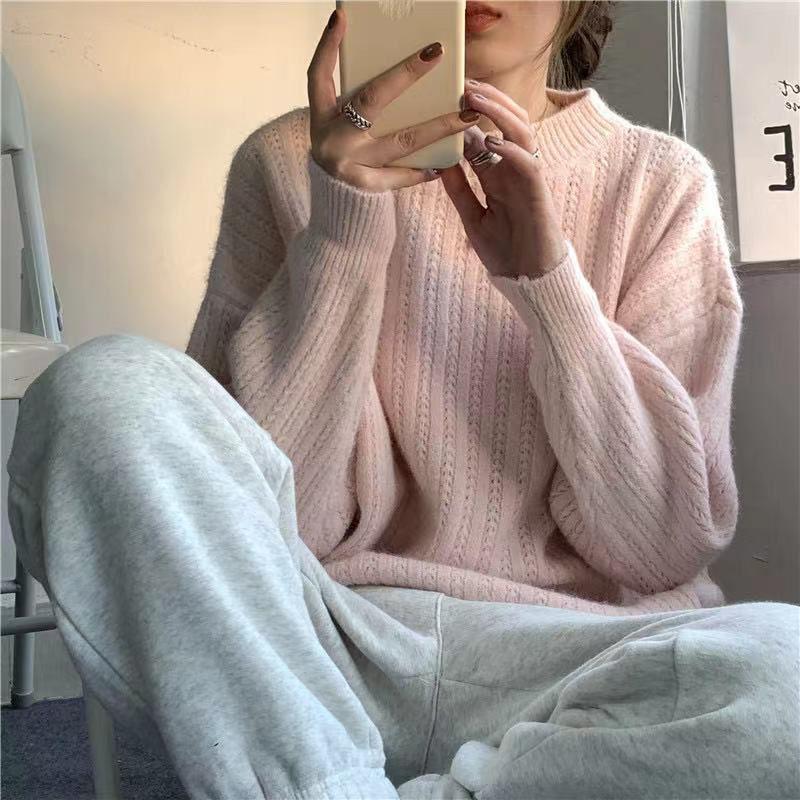 Mjuk stil på hösten och vintern Lösstickad tröja med lång ärm Damtröja Damstil Enfärgad tröja
