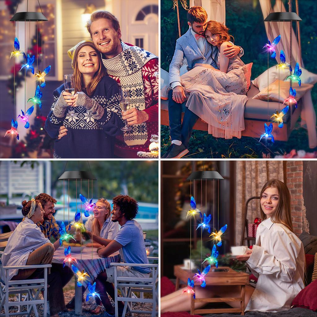 1 szt. Kolorowe dzwonki wietrzne z kolibrami, do ogrodu na zewnątrz, solarne, zmieniające kolor, pamiątkowe, dekoracja na patio