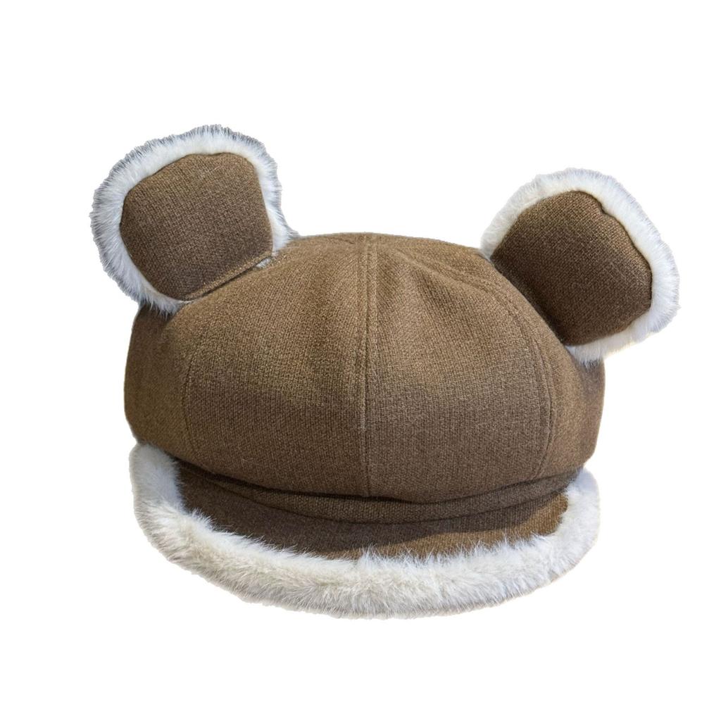 New autumn and winter cute cat-ear brown newsboy cap for women, versatile and face-slimming, trendy beret