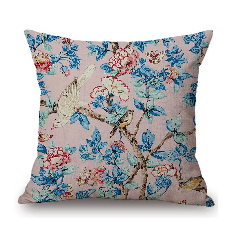 Navy Blue Green Red Rose Classic Home Decoration Flower Bird Art Sofa Throw Pillow Case Cotton Linen Square Medium Cushion Cover