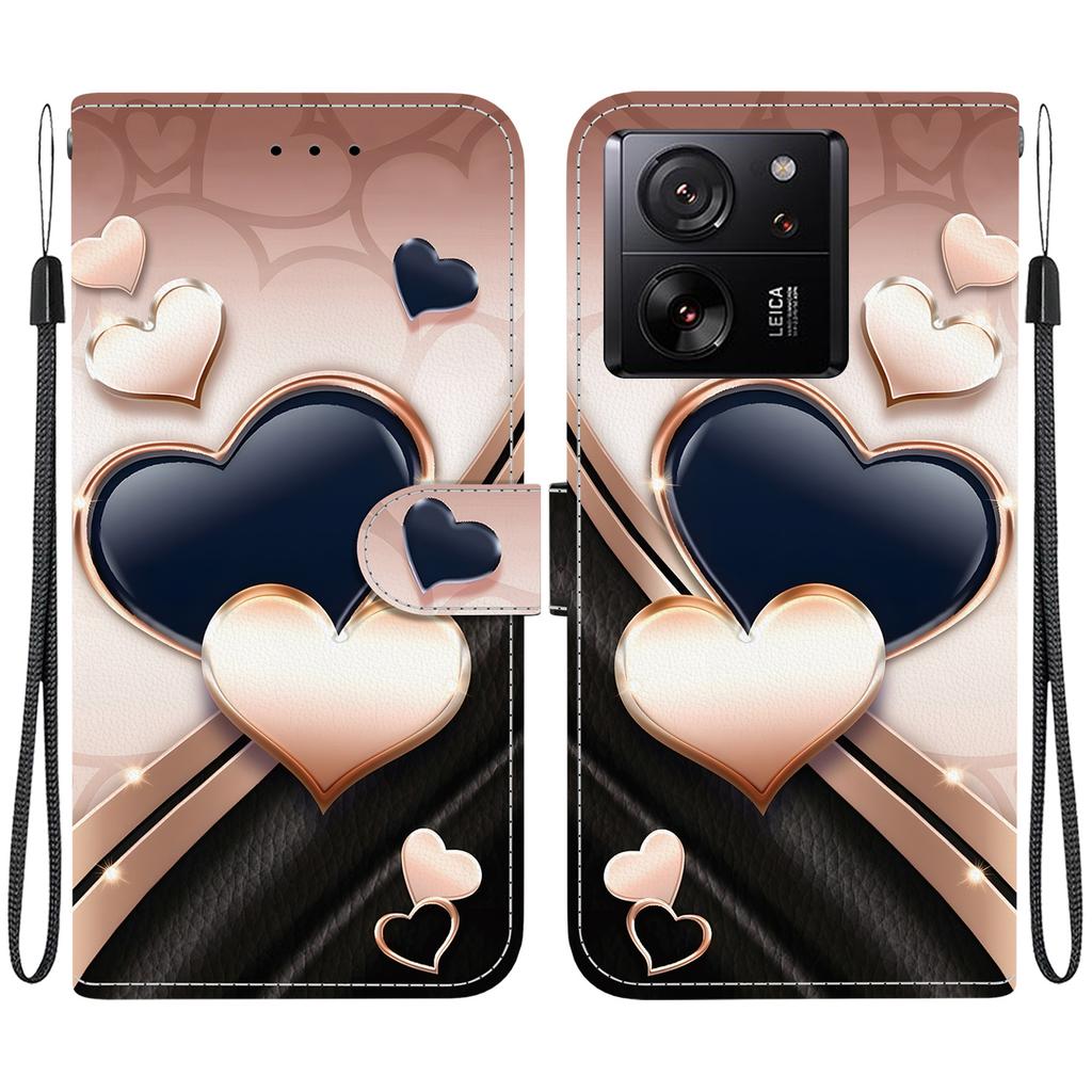 Handgefertigte PU-Leder-Flip-Hülle für Xiaomi 13T / 13T Pro Rutschfeste, stoßfeste Hülle mit Handschlaufe und Herz-/Rosen-/Katzen-Designs