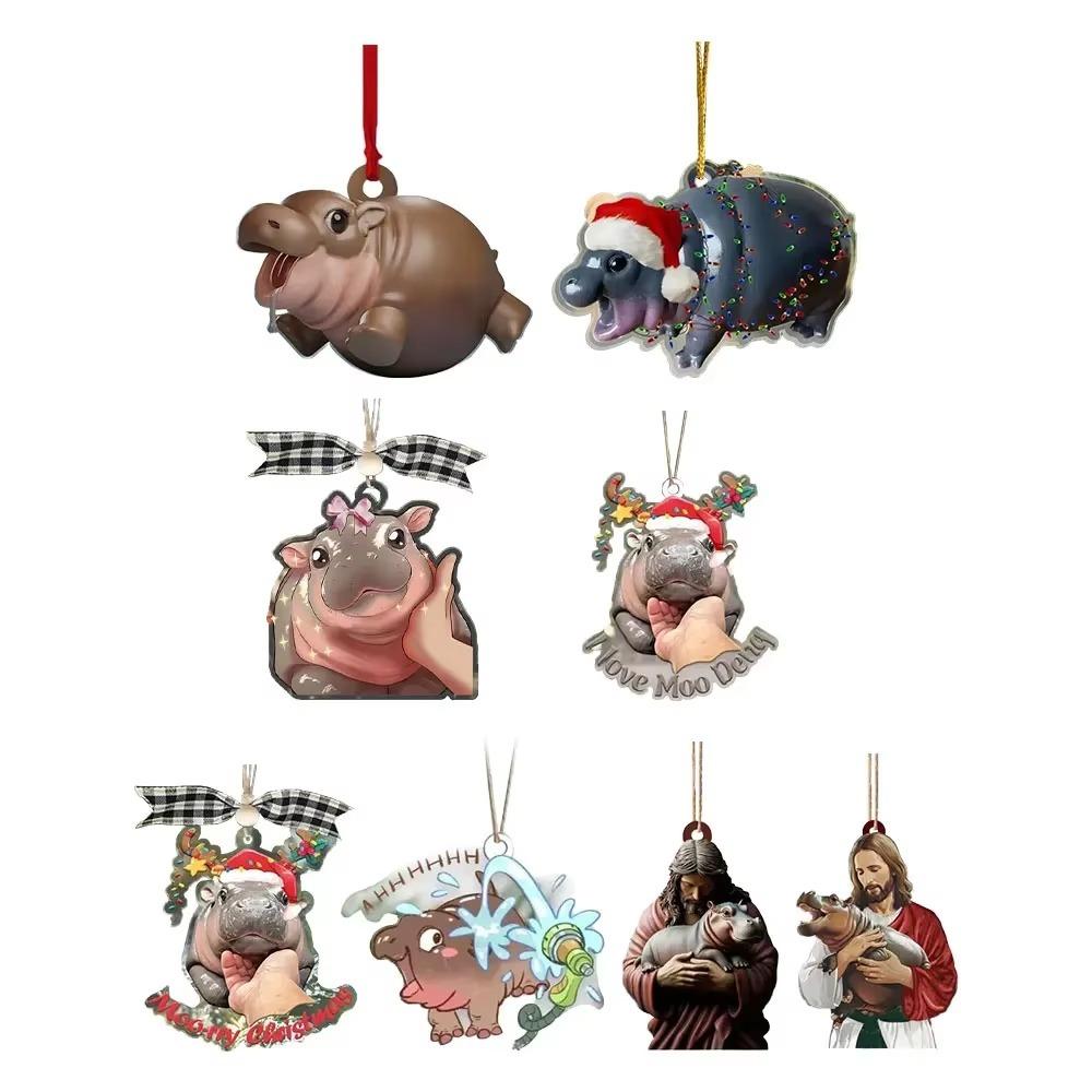 Cartoon Moo Deng Christmas Hippo Resin Figurine Pygmy Kawaii Xmas Tree Pendant Home Decoration Moo Deng Toy