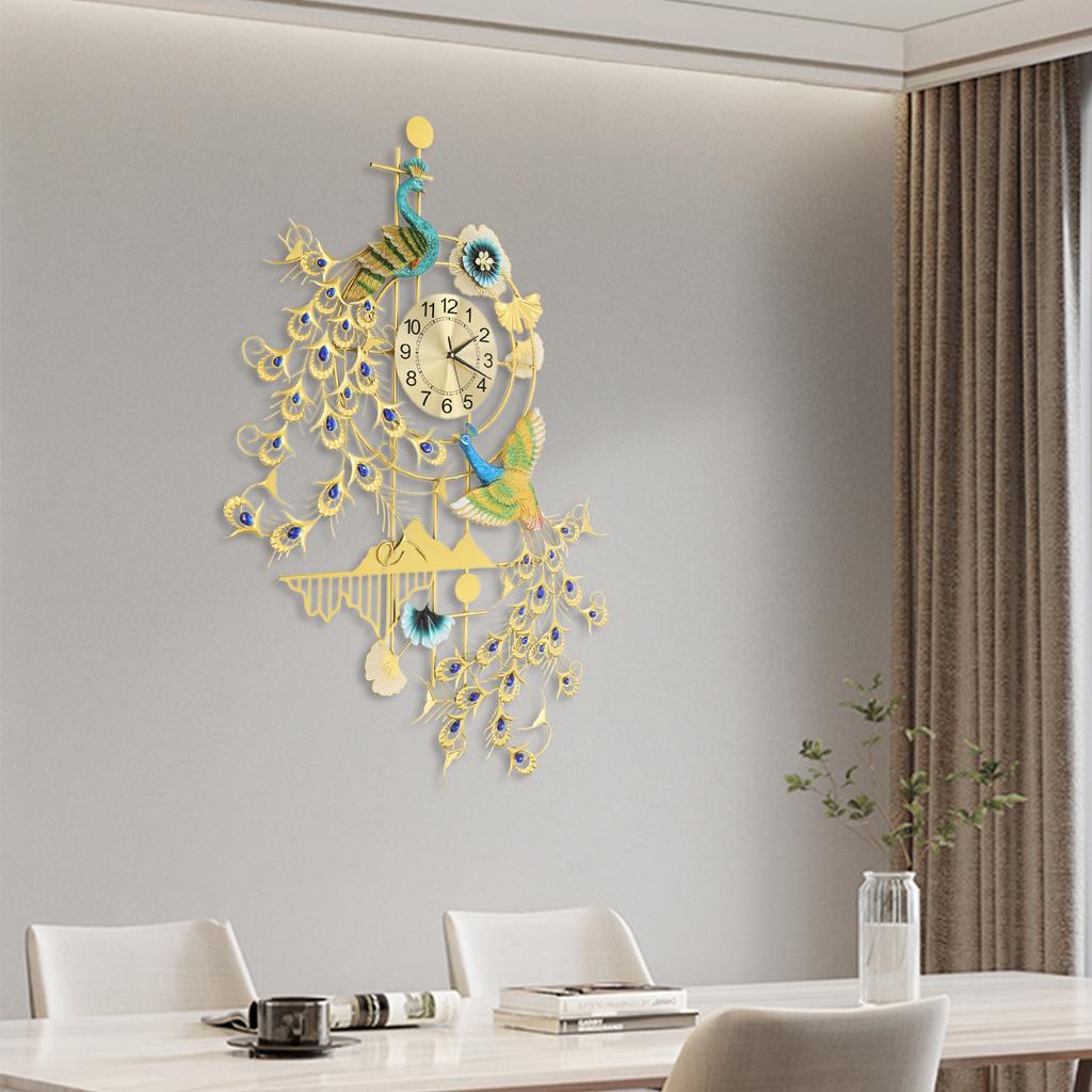 Large Peacock Iron Wall Clock,Gold Blue Art Wall Clocks 80*120cm Wall-mounted for Kitchen,Dining Room