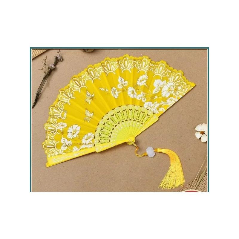 1Pc Chinese Ancient Style Flower Women Folding Fan with Tassel Fringe Hanfu Cheongsam Dance Fan Photo Props Summer Handheld Fan
