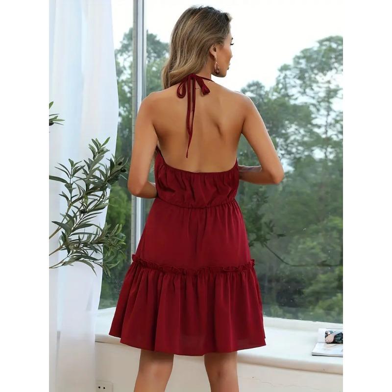 Ruffle Hem V-neck Halter Dress, Sexy Backless Halter Dress For Spring & Summer, Women's Clothing