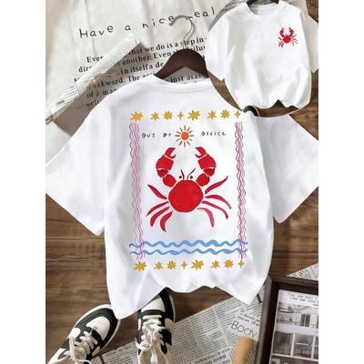 Out of Office Crab Graphic T-Shirt, Summer Beach Ocean Print Casual Tee, White Short Sleeve Crew Neck Top for Men Women Wear