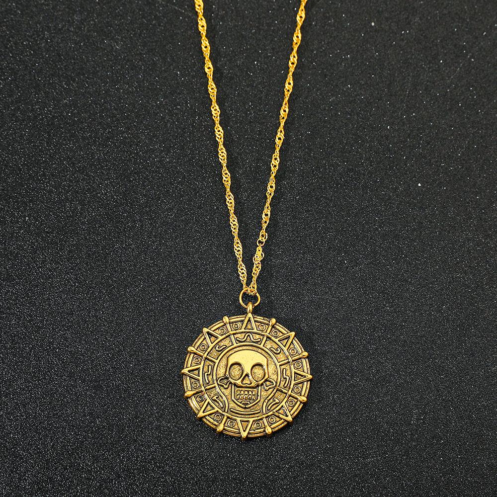 Pirates of the Caribbean Jack Sparrow Aztec Skeleton Skull Heads Coin Medallion Pendant Vintage Jewelry Necklace for
