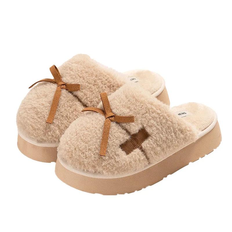 Fashion Fluffy Platform Slippers Women House Flats Cute Bowknot Designer Lovely Winter Shoes Girls Fashion Plush Casual Footwear Elegant