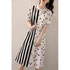 Plus Size Polka Dot Shirt Dress with Waist-Cinching Vertical Stripes and Polo Collar (80-300 Jin), Casual Summer Wear