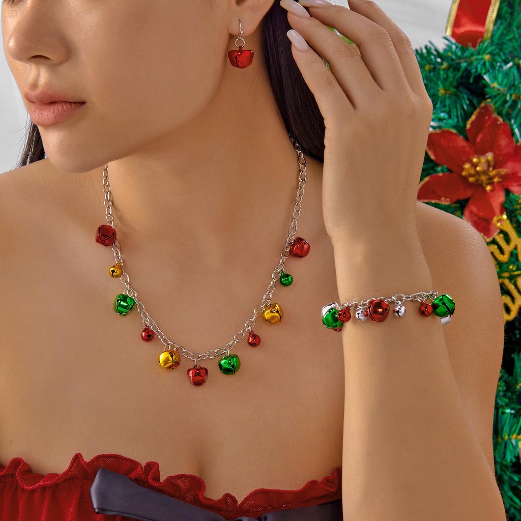 Colorful Christmas Bracelet Necklace Earrings Set for Women Jingle Bell Snowman Bracelet Set Festival Party Jewelry Gift