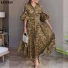 VONDA Vintage Women Puff Sleeve Leopard Print Buttons Up Long Pleated Dress