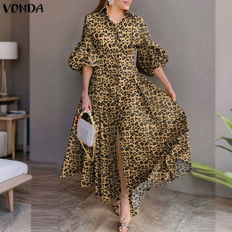 VONDA Vintage Women Puff Sleeve Leopard Print Buttons Up Long Pleated Dress