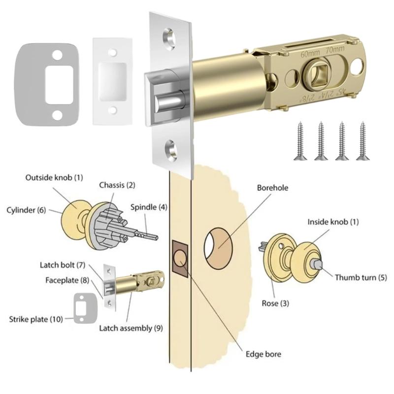 Adjustable Door Latches Privacy Three Bar Type Lock Tongue Cores 45° Rotating Angles Interior Door Lock Easy Installation