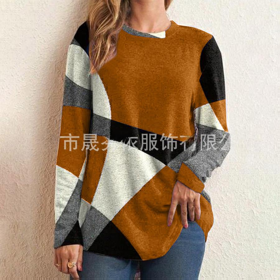 Spring Casual Geometric Color Block Wool Long Sleeve Printed Loose T-Shirt Women Top