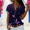 Damen Plus Size Hemd mit Kragen, kurzen Ärmeln und Schmetterlings-Blumenprint, Knopfleiste vorne
