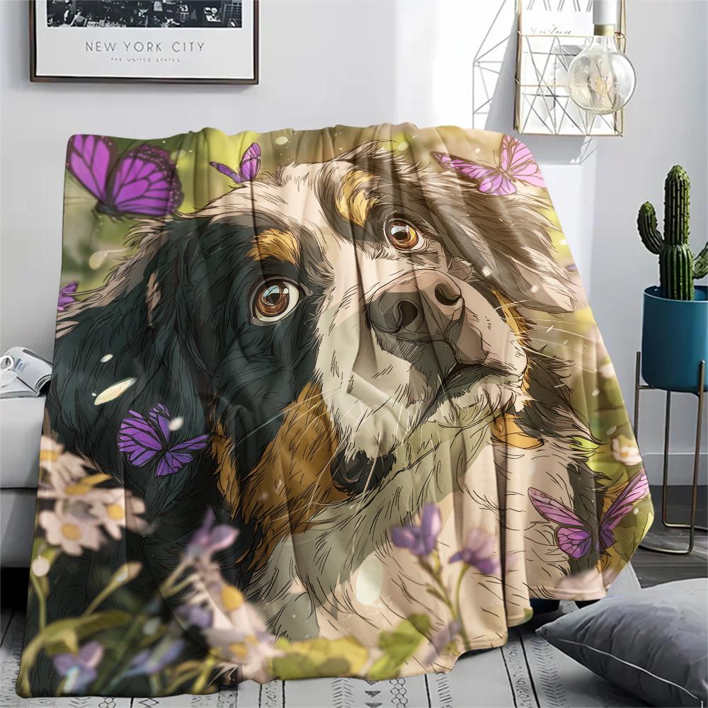 Bernese Mountain Dog and Flowers pattern Flannel Blanket, High quality Comfortable for All Seasons, Home Decor, Warmth and Comfort, Perfect for Gifts.