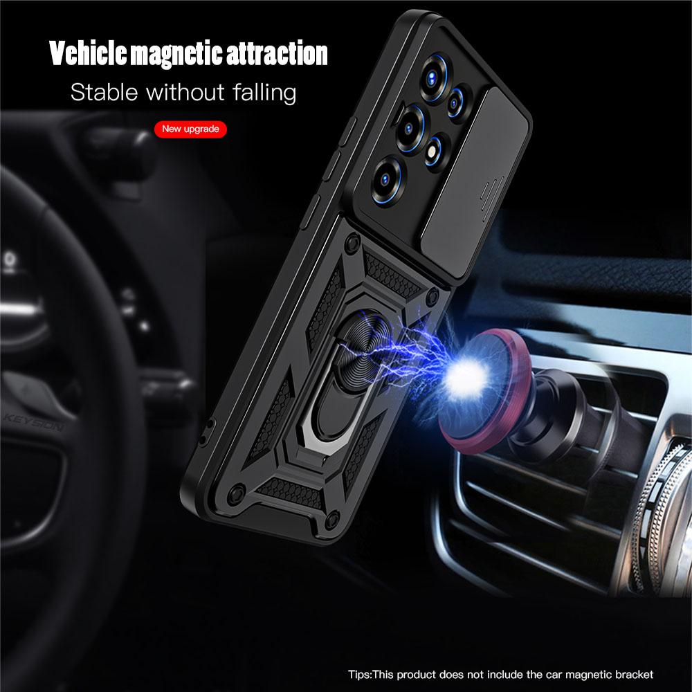 KEYSION Shockproof Armor Case for Itel SUPER 26 Ultra Slide Camera Lens Protection Ring Stand Phone Cover for Itel S26 Ulltra