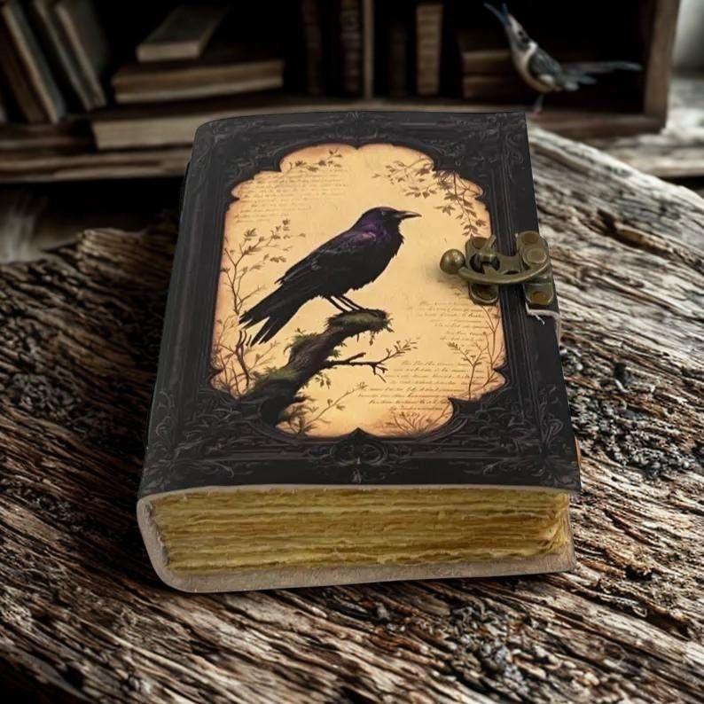 Leather Journal Gothic Notebook, Raven Leather Journal, Book of Shadows, Handmade Witchcraft Notebook, Celestial Gifts For Him Her