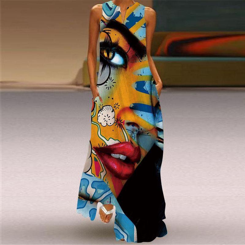 

2025 Spring and Summer New Dress Women African Retro Style Human Face 3D Print Ethnic Style Photo Long dress 222 L