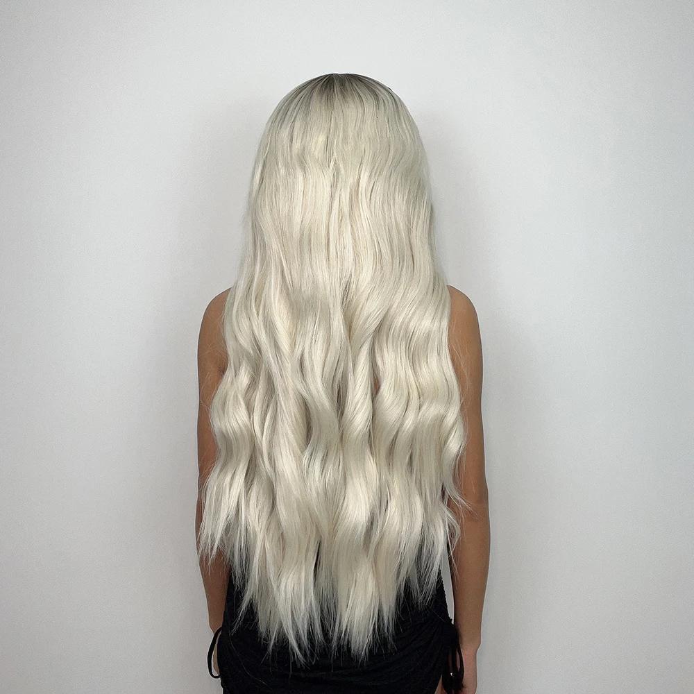EASIHAIR Super Long Wavy Lace Front Synthetic Wigs Platinum Blonde Ombre Natural Lace Frontal Wig for Women Heat Resistant Cosplay Wig