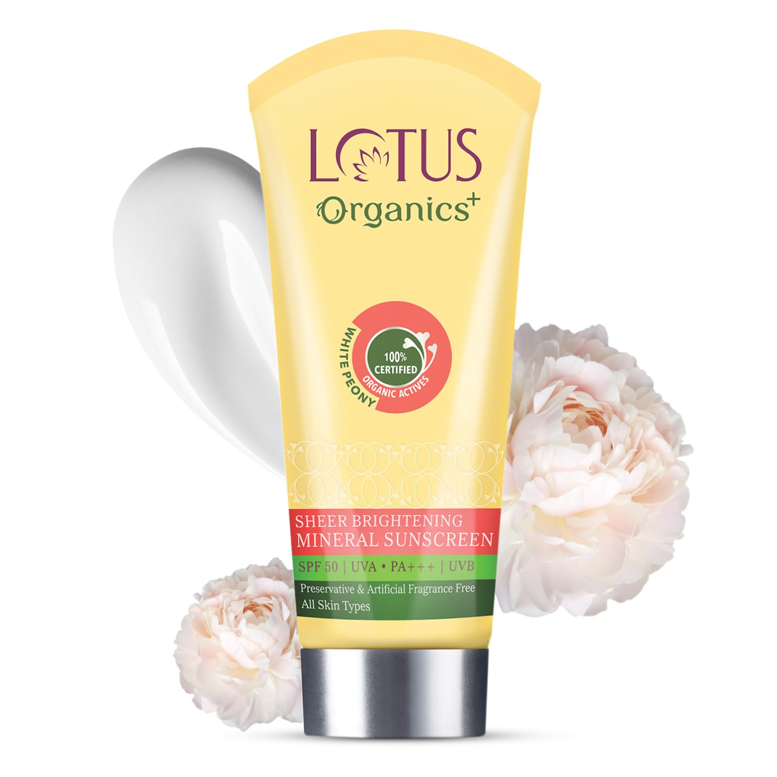 Lotus Organics+ Sheer Brightening Mineral Sunscreen | Non Greasy & Lightweight | SPF 50 | PA+++ | 100% Certified Organic White Peony | Fights Tanni