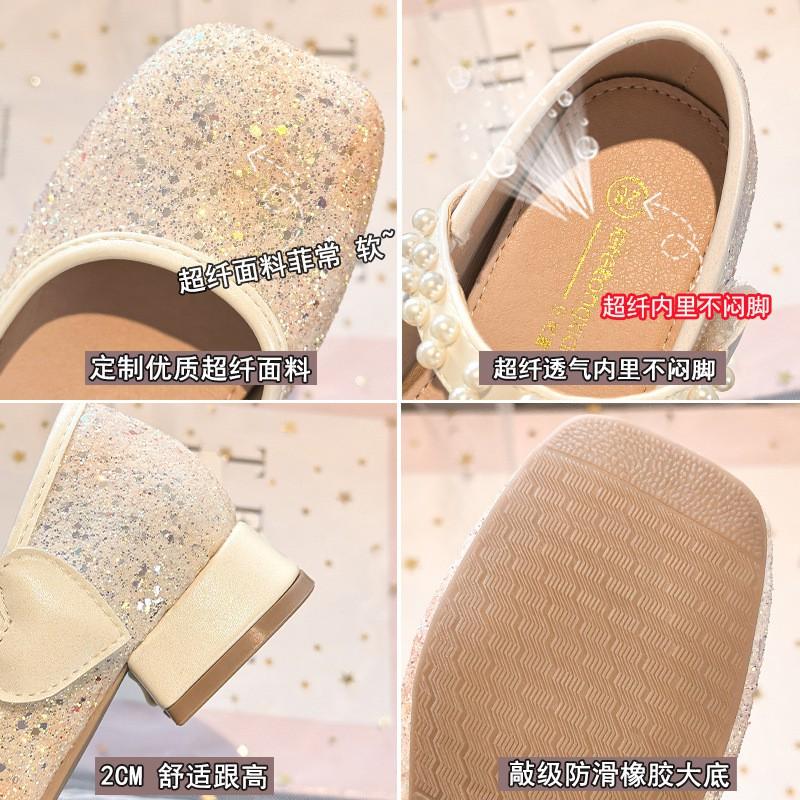 2026 Kids Princess Shoes Girls Low-top Magic Strap Pearl Glitter Crystal Soft Sole Dress