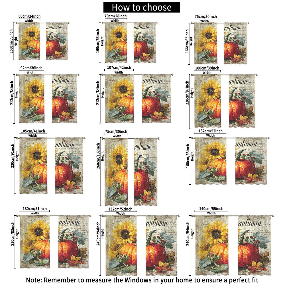 2Pcs Vintage Autumn Sunflower Pumpkin Retro Print Rod Pocket Curtains Double Sided Window Drapes Light Filtering Privacy Curt