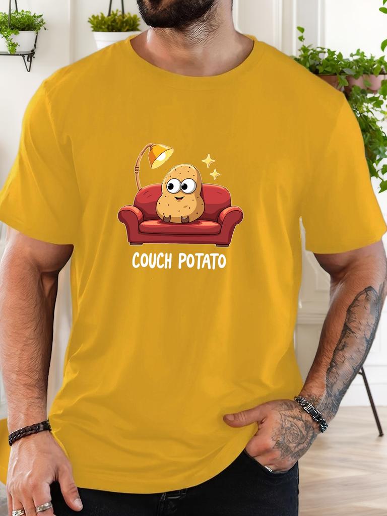 Couch Potato Cartoon Print Unisexs Crew Neck Short Sleeve Tee Soft Casual New Summer Top For Unisex Daily Street Basic Outfit Wear