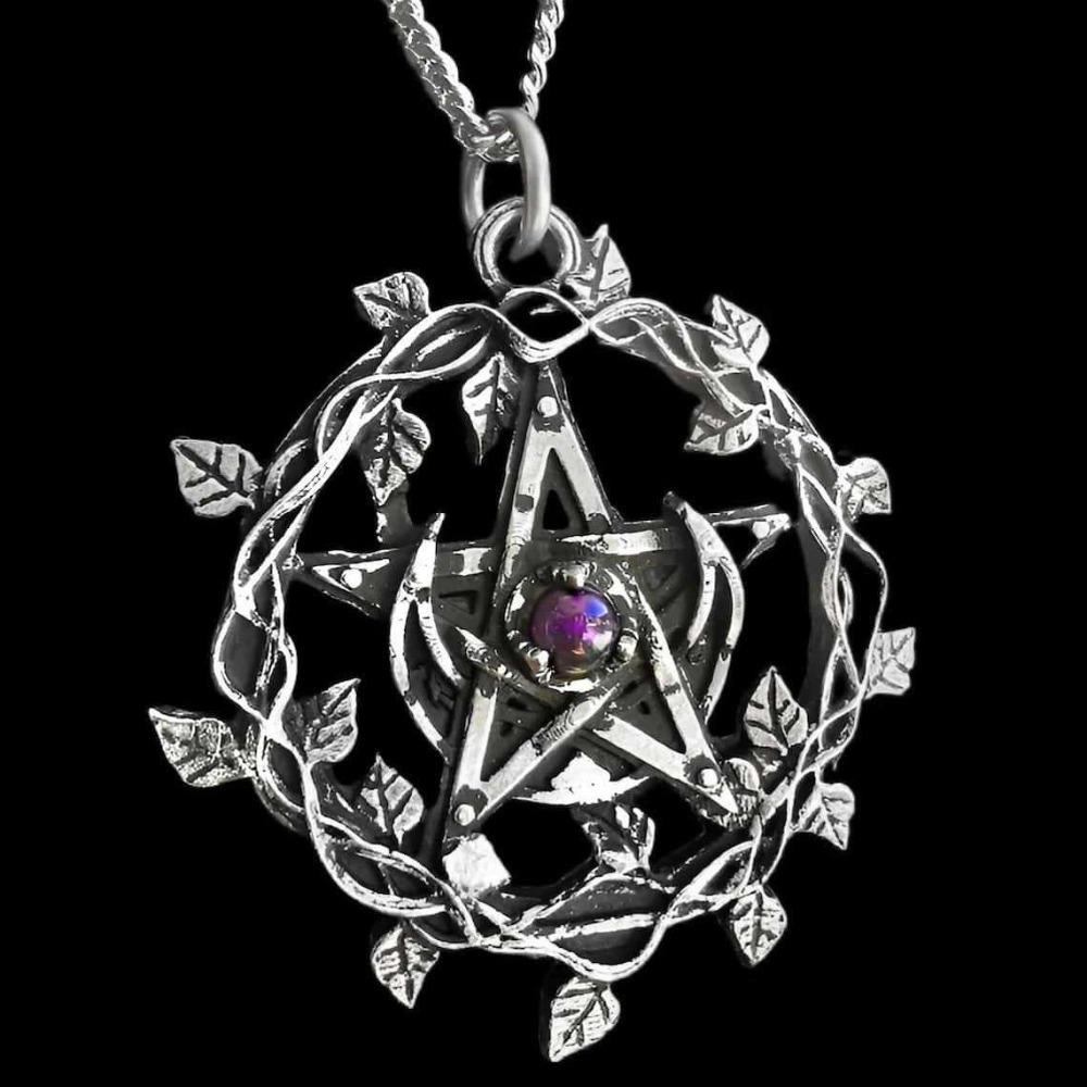Retro Blatt-Girlande Mond Pentagramm Magischer Kreis Kristall Anhänger Halskette für Frauen Gothic Halloween Hexe Kultisten Schmuck Geschenke