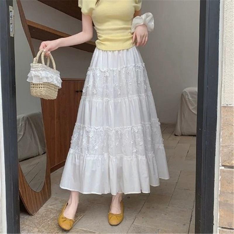 Lace new French thin splicing dress summer skirt white 2026 cake high waist embroidered umbrella skirt
