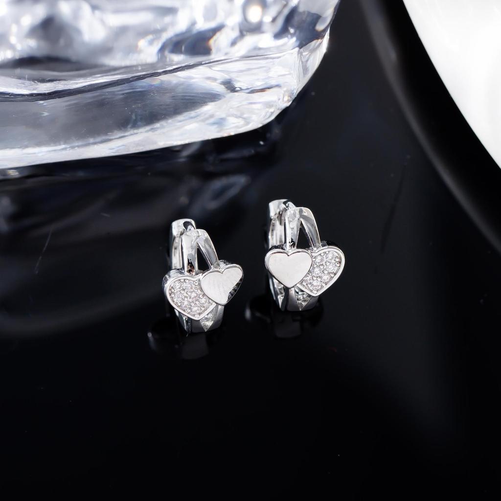 Double Love Heart Zircon Stud Earrings: Retro Micro-Inlay Design, Japanese-Korean Style, Simple Metal Accessories
