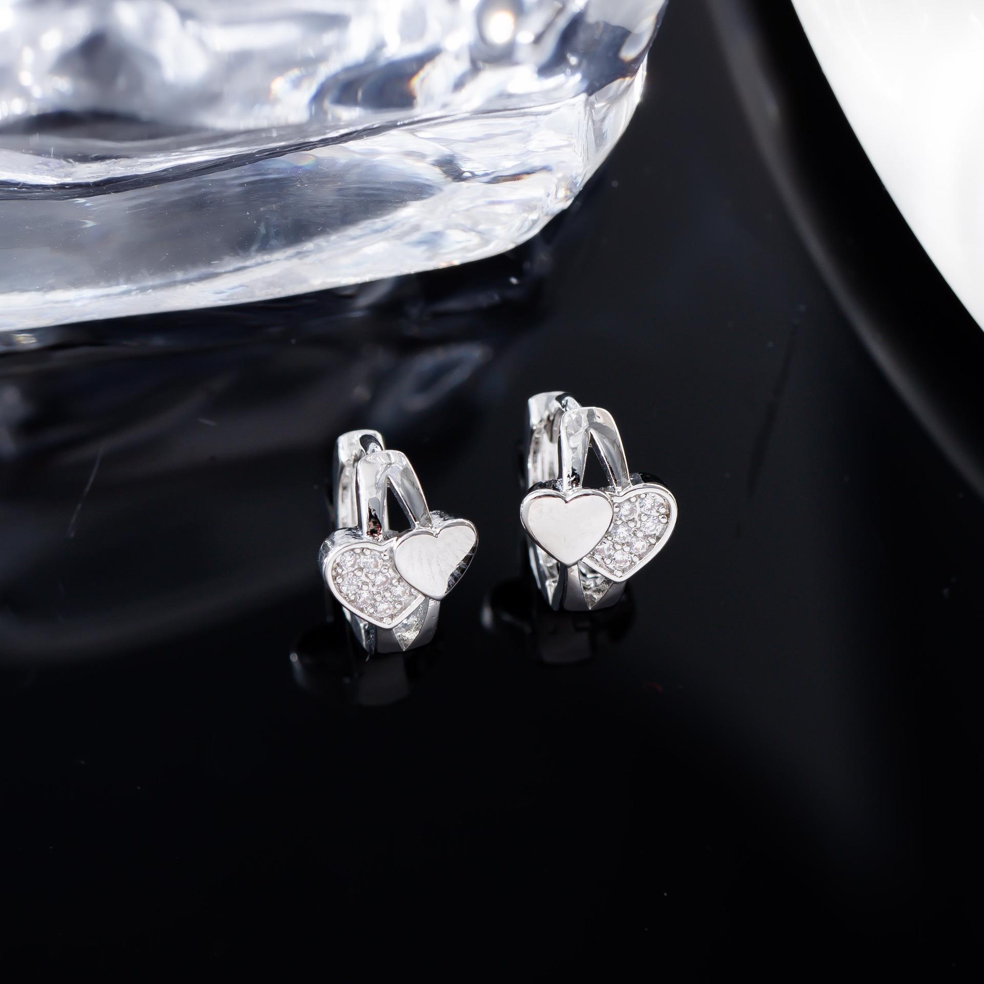 Double Love Heart Zircon Stud Earrings: Retro Micro-Inlay Design, Japanese-Korean Style, Simple Metal Accessories