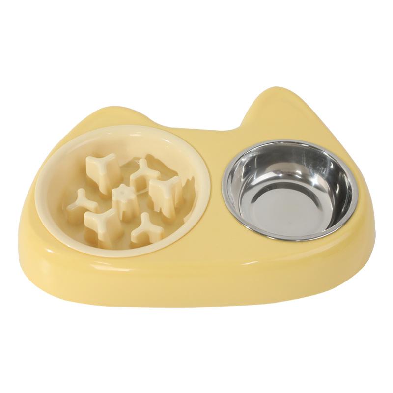 Cat Bowl, Anti-choking Slow Food Cartoon Size Cat Eye Double Bowl, Anti-slip and Easy-to-clean Stainless Steel Dog Bowl and Cat Drinking Bowl