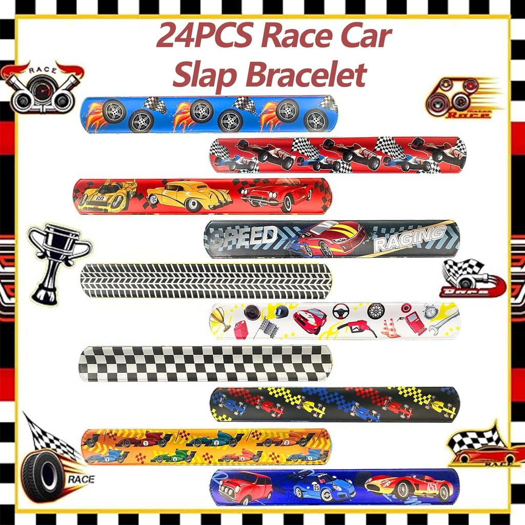 24 Pcs Race Car Party Decorations Favors Racing Bracelet Racing Wristbands Bracelet Checkered Slap Bracelets Dirt Bike Task Game Decorations Car