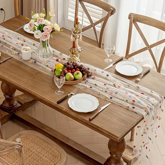 Embroidered Flower Table Runner Sheer Mesh Gauze Tablecloth for Spring Summer Delicate Floral Lace Table Decor for Wedding Party Dining Table