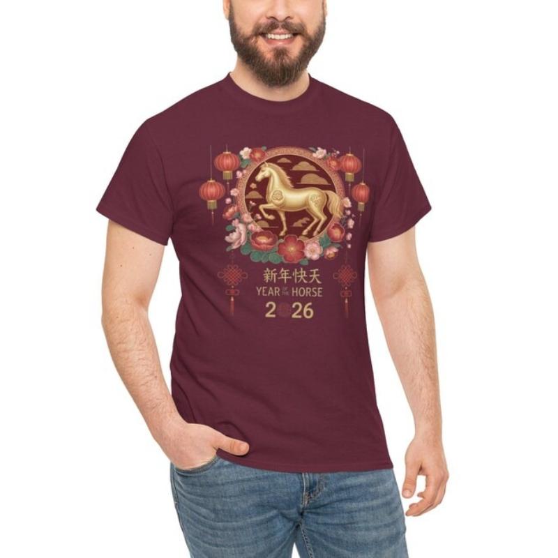 Hello 2026 New Year Chinese Unisex Shirt Happy Lunar New Year Horse Gift Crewneck Printed Tshirt Tops Regular Short Sleeve